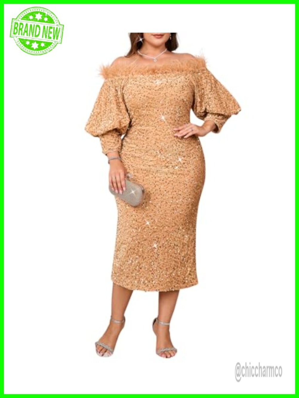Sexy Sequin Off Shoulder Puff Sleeve Bodycon Midi Dress Formal Party Cocktail